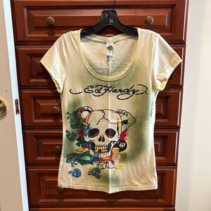Ed Hardy Women's Scoop Neck Yellow Skull Graphic Tee